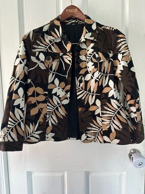 Laura Ashley Tropical Leaf Print Embroidered Denim Jacket